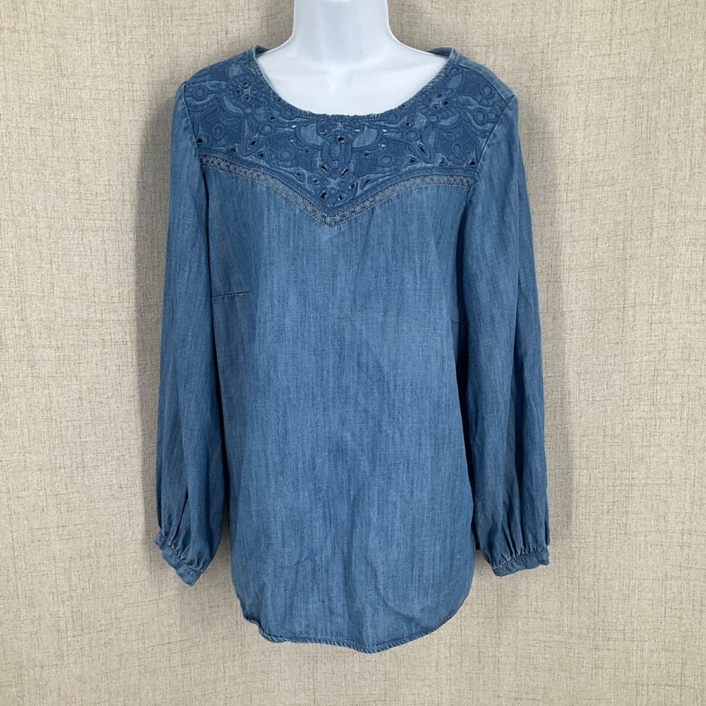 Talbots Blouse Womens 12 Blue Embroidered‎ Eyelet Boho Classic Top Cottagcore